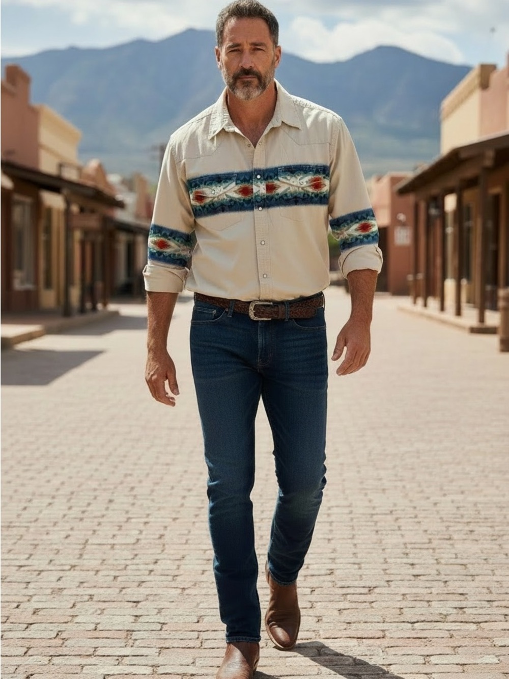 Men's Western Vintage Wrangler Blue Red Aztec Pearl Snap Desert Tan Button Down